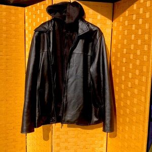 Guess black leather jacket with removable hoodie